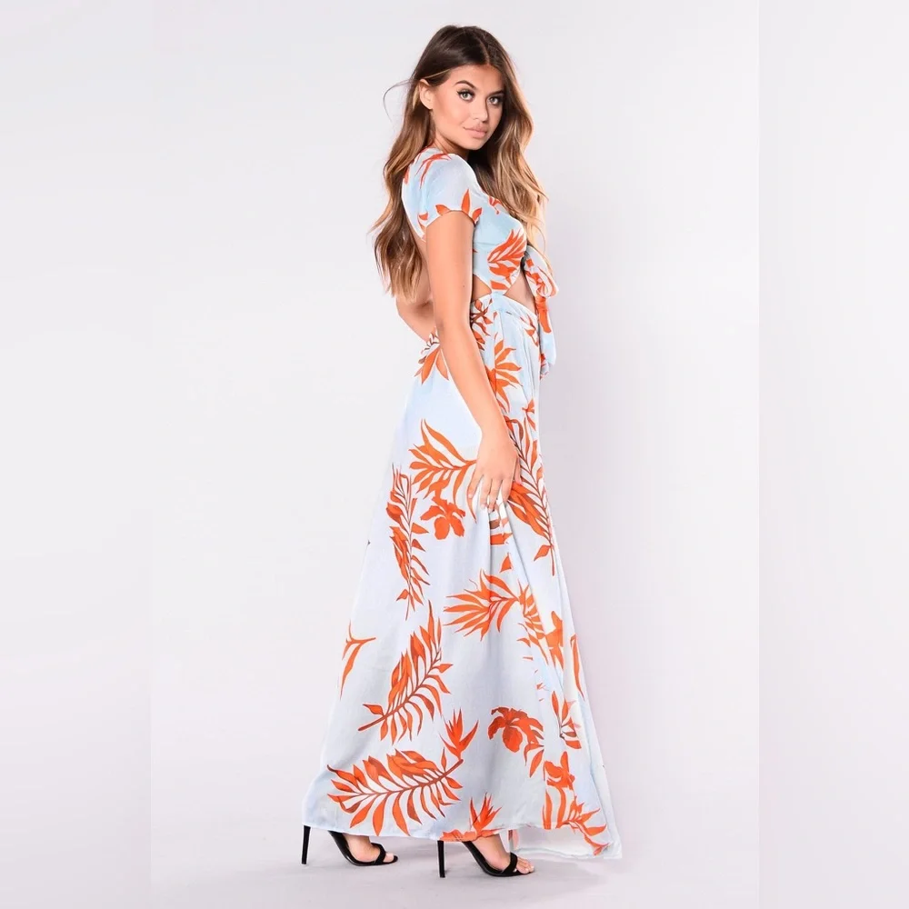Latiste Mint Blue/Tropical Leaf Orange Island Hop Cut Out Maxi Dress. NWT Size S - Picture 7 of 13